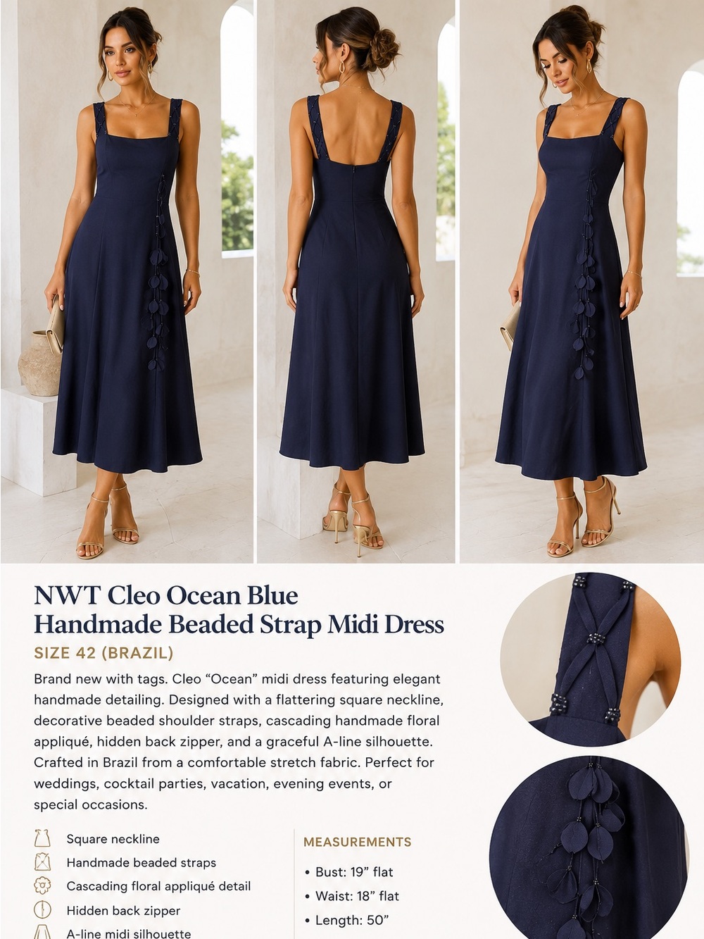 NWT Cleo Ocean Blue Handmade Beaded Strap Midi Dress Size 42 Brazil Floral